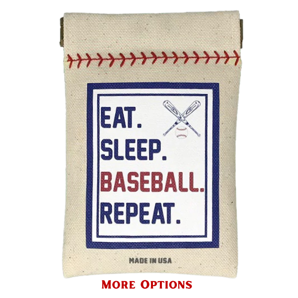 Canvas pouch with 'Eat. Sleep. Baseball. Repeat.' text and baseball stitching design on a white background.