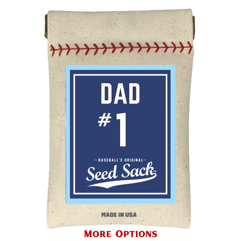 Seed sack with baseball design and 'Dad #1' text on a white background