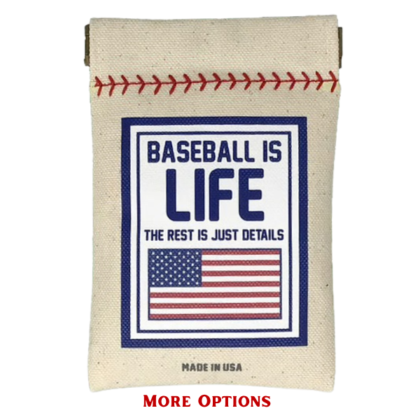 Collection of Canvas pouch with 'Baseball is Life' text and American flag on a white background in a gallery layout