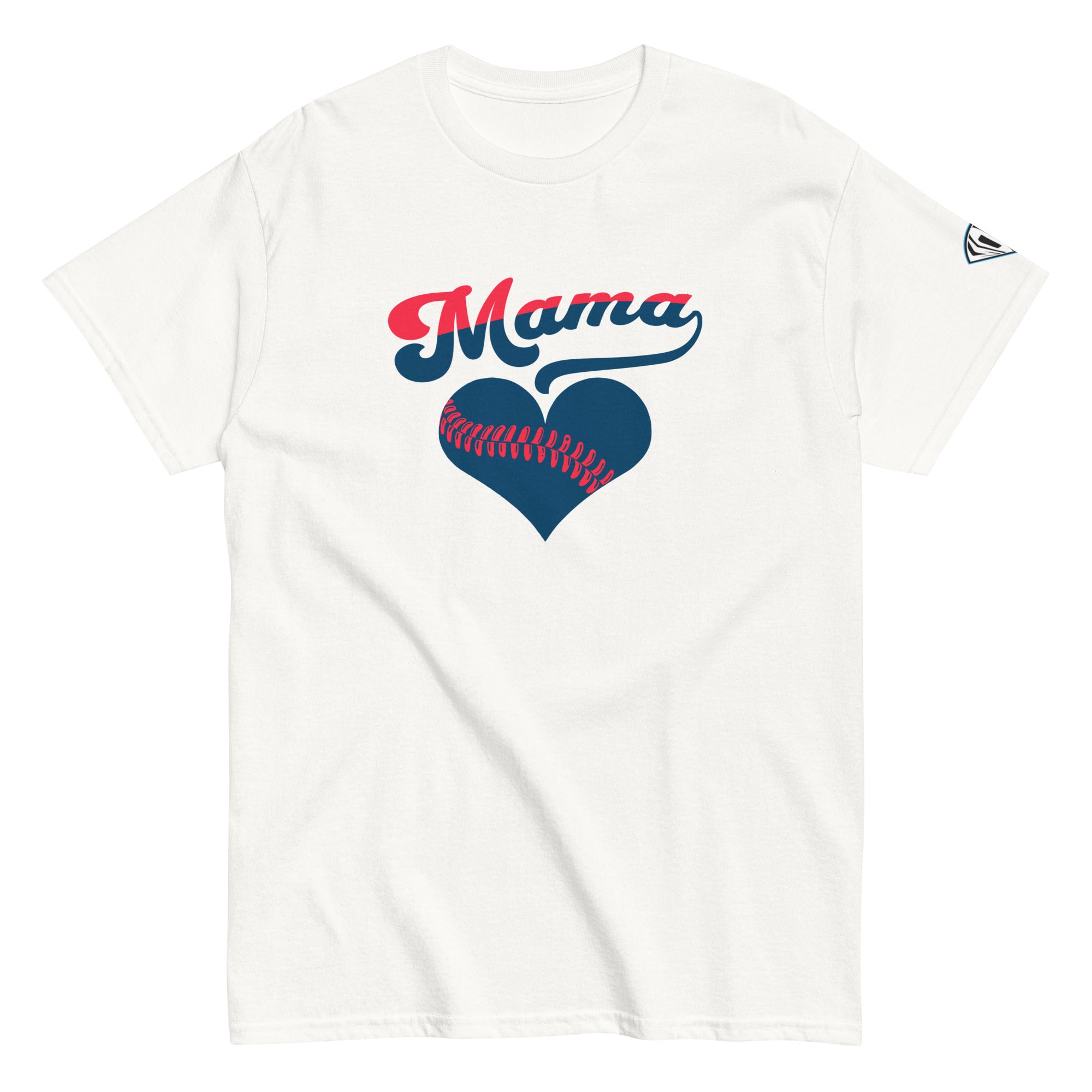 Collection of White Baseball mama shirt with bold script 'Mama' text and heart-shaped baseball seam design in navy and pink