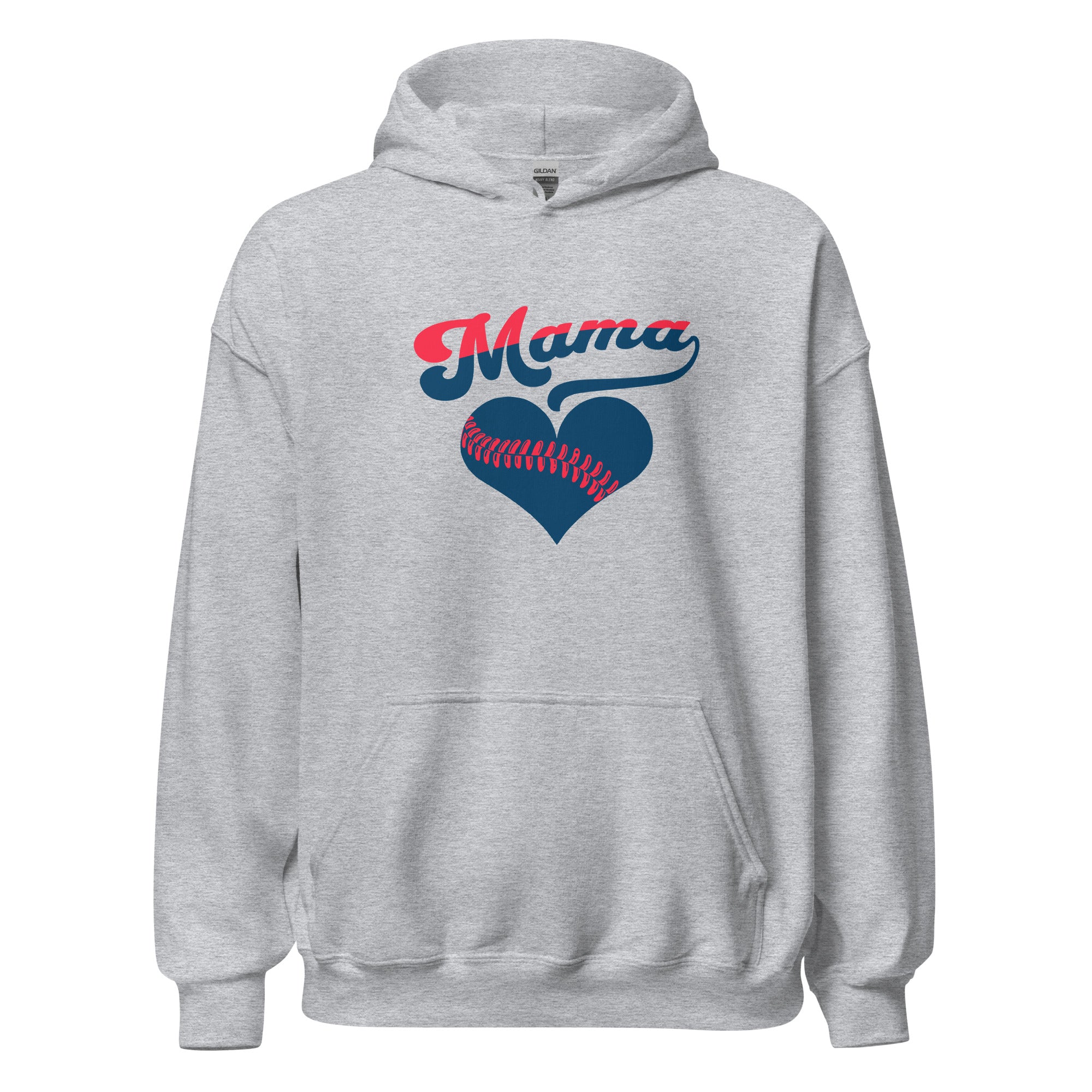 Collection of Sport grey baseball mama sweatshirt with bold script 'Mama' and heart-shaped baseball stitching graphic in navy and pink in a gallery layout