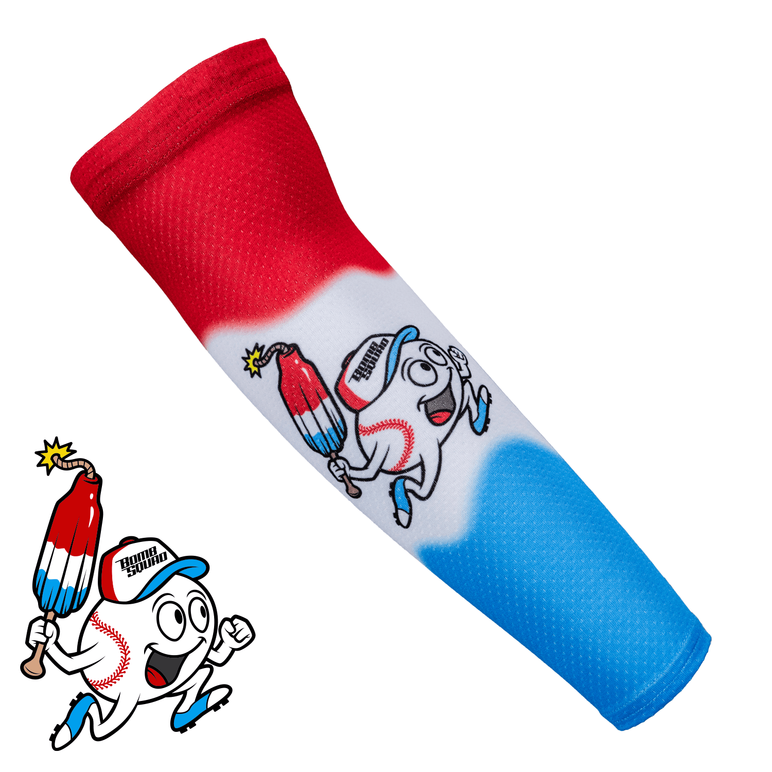 Collection of Red, white, and blue cylindrical object with cartoon character and bomb design on a white background in a gallery layout