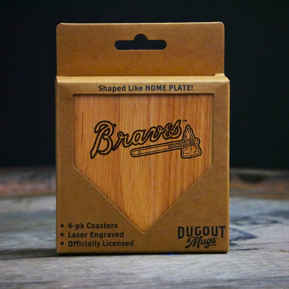 Collection of Cardboard packaging for Dugout Mugs with Braves logo on a wooden surface in a gallery layout
