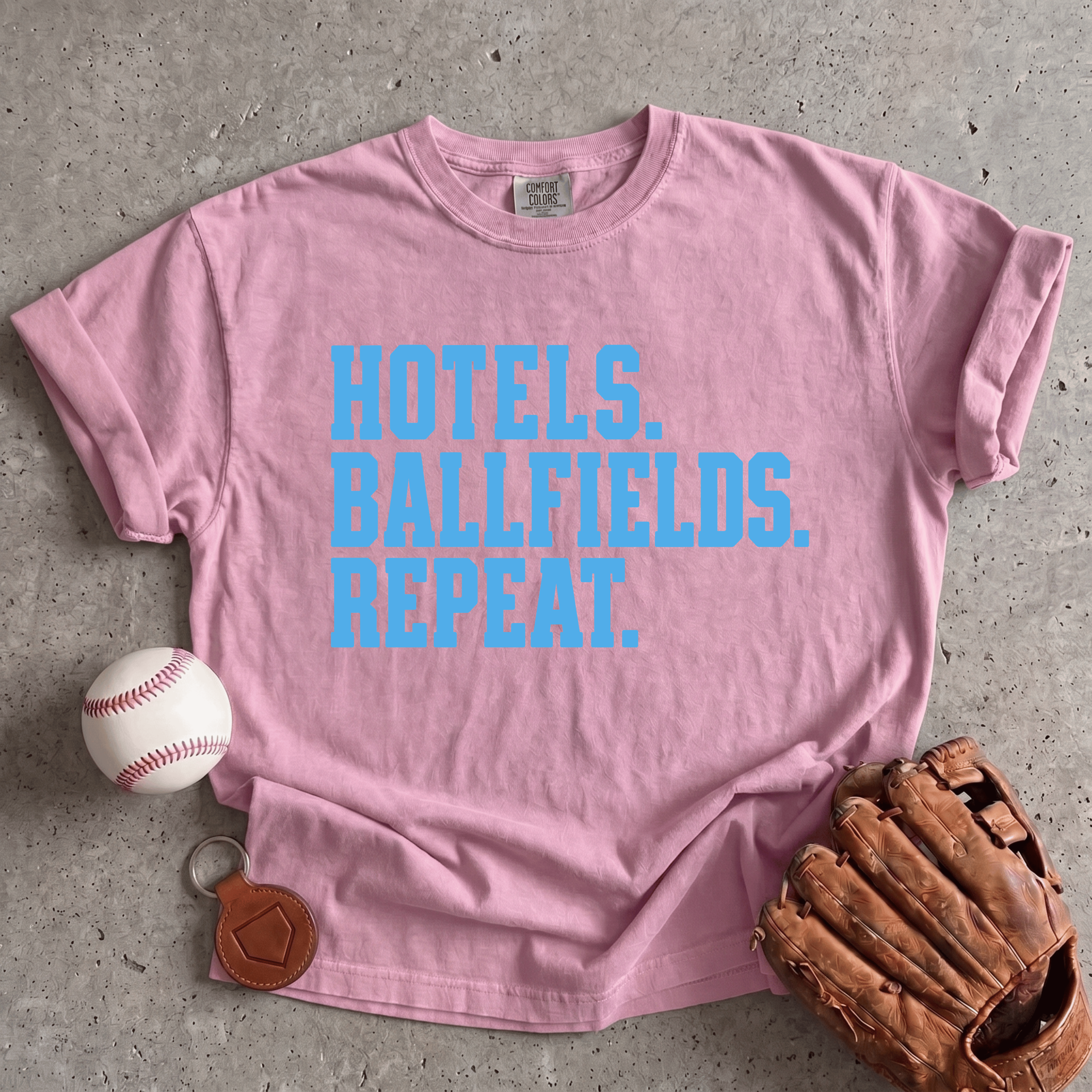 Collection of Hotels. Ballfields. Repeat. T-Shirt in a gallery layout