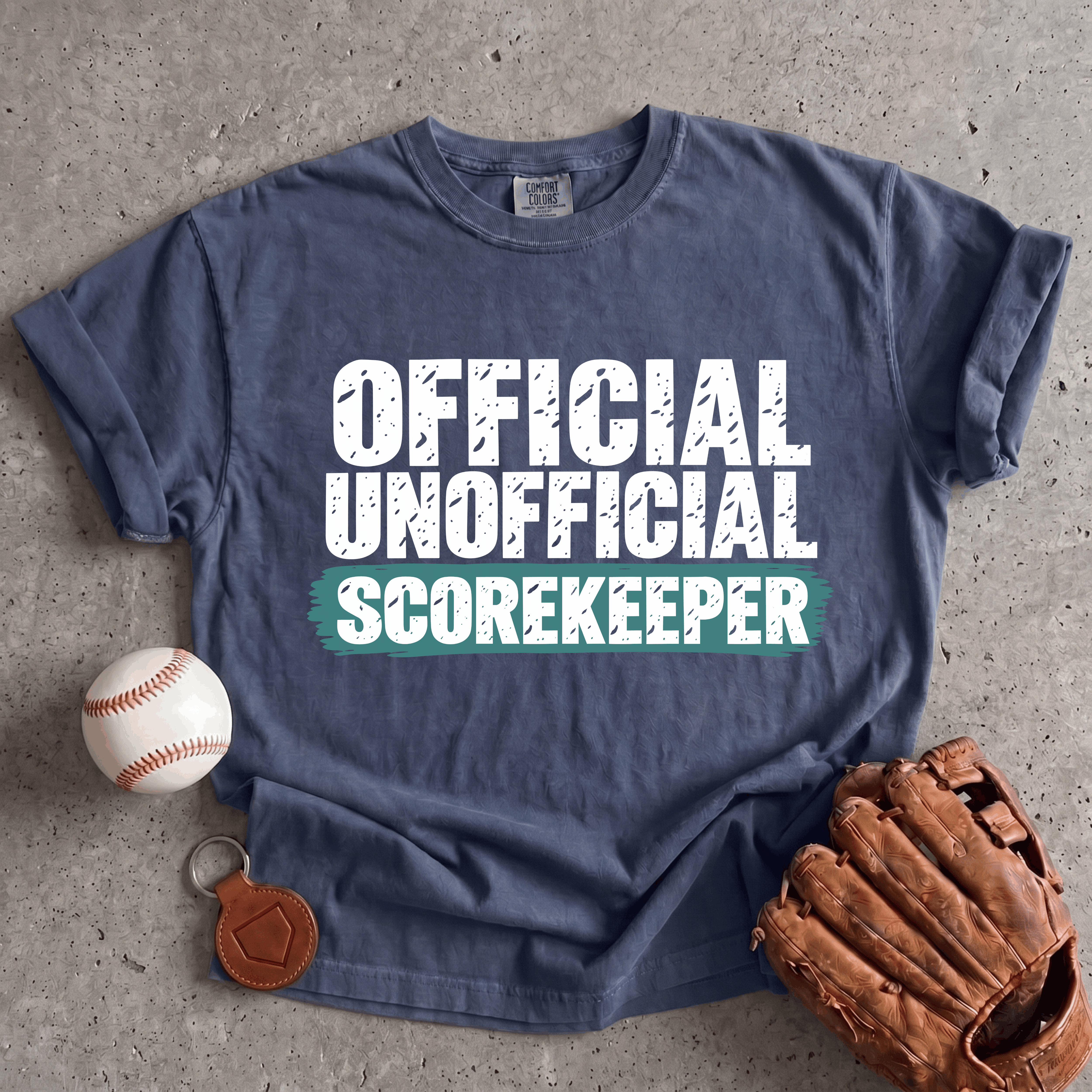Collection of Official Unofficial Scorekeeper Comfort Colors baseball parent T-shirt in a gallery layout