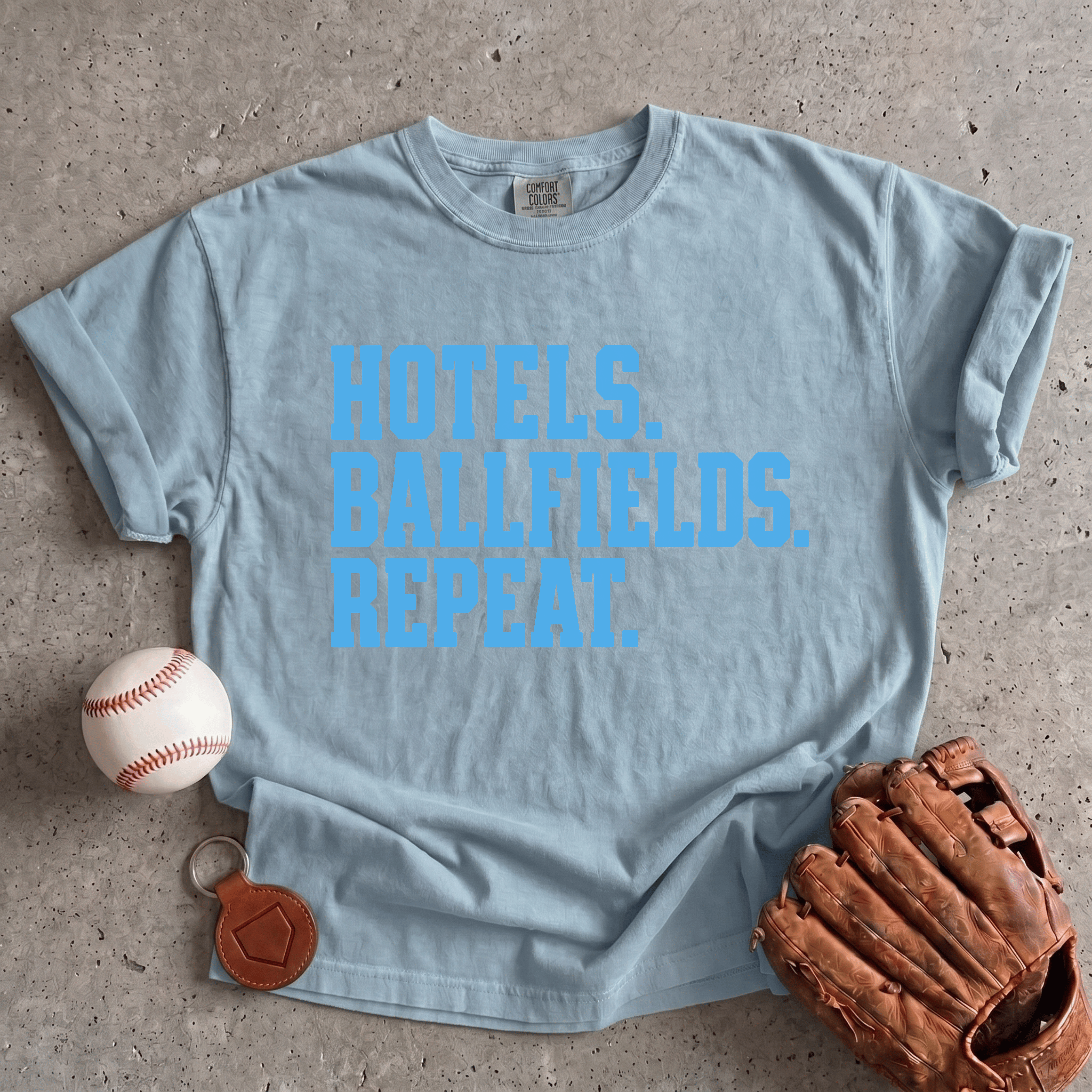 Collection of Hotels. Ballfields. Repeat. T-Shirt in a gallery layout