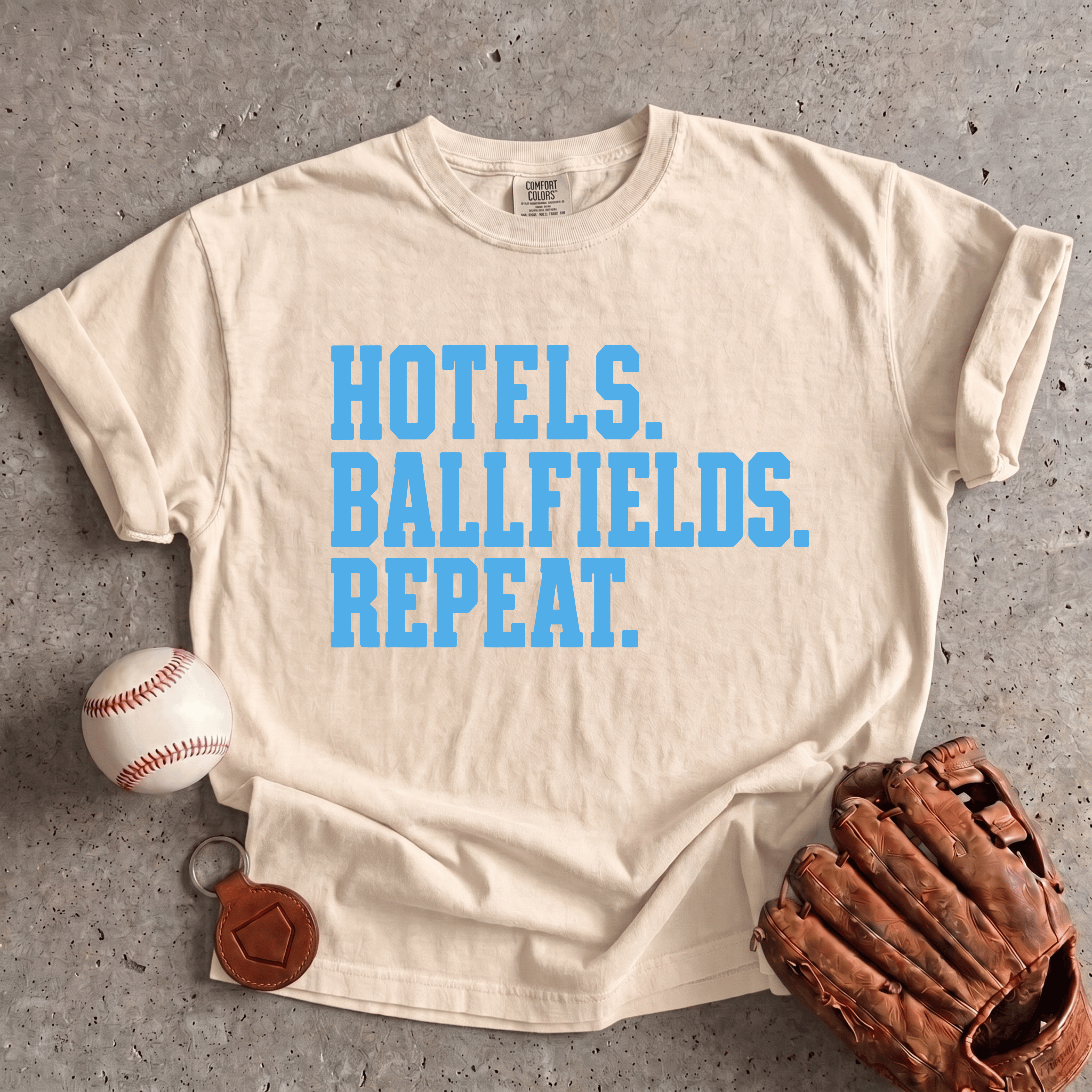 Collection of Hotels. Ballfields. Repeat. T-Shirt in a gallery layout