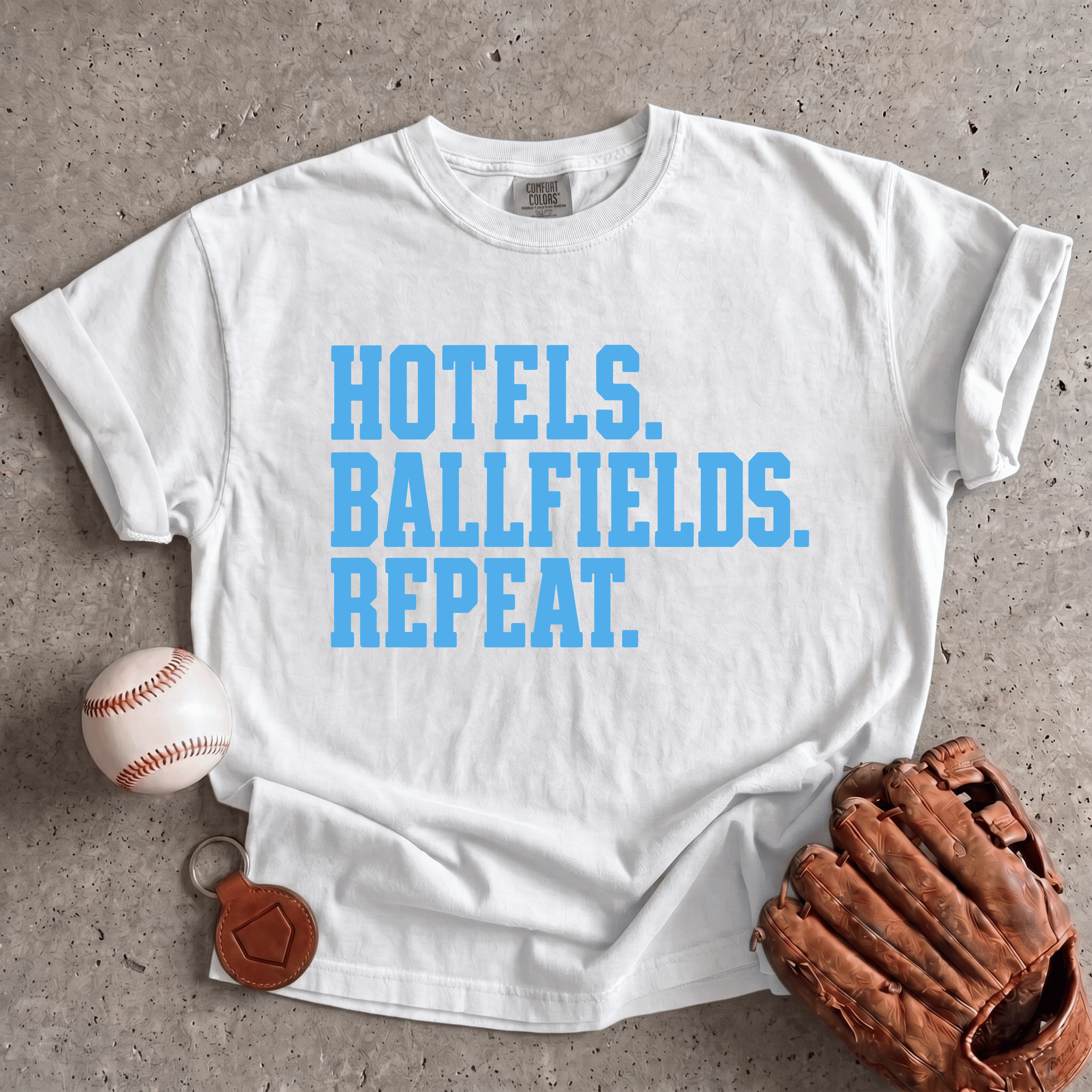 Collection of Hotels. Ballfields. Repeat. T-Shirt in a gallery layout