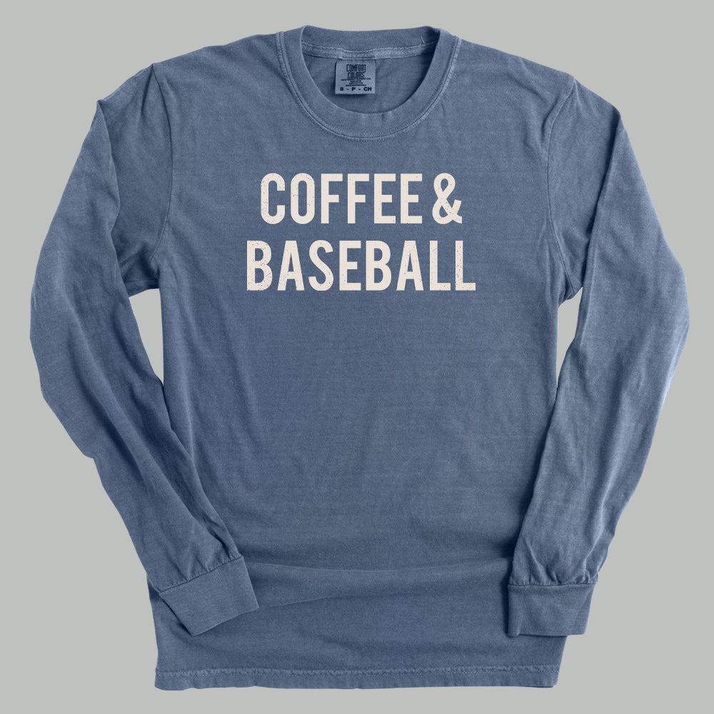 Collection of Blue long-sleeve shirt with 'COFFEE & BASEBALL' text on a gray background in a gallery layout