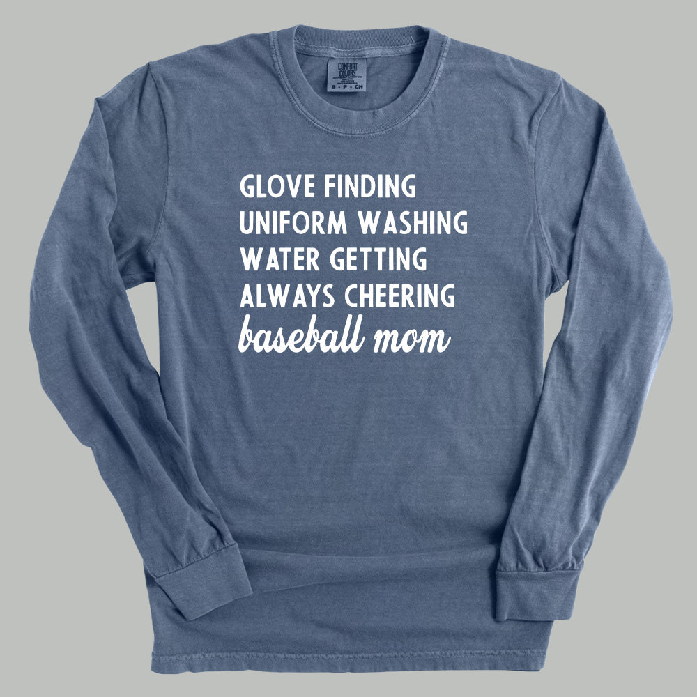 Blue comfort color long-sleeve shirt with white text on a gray background