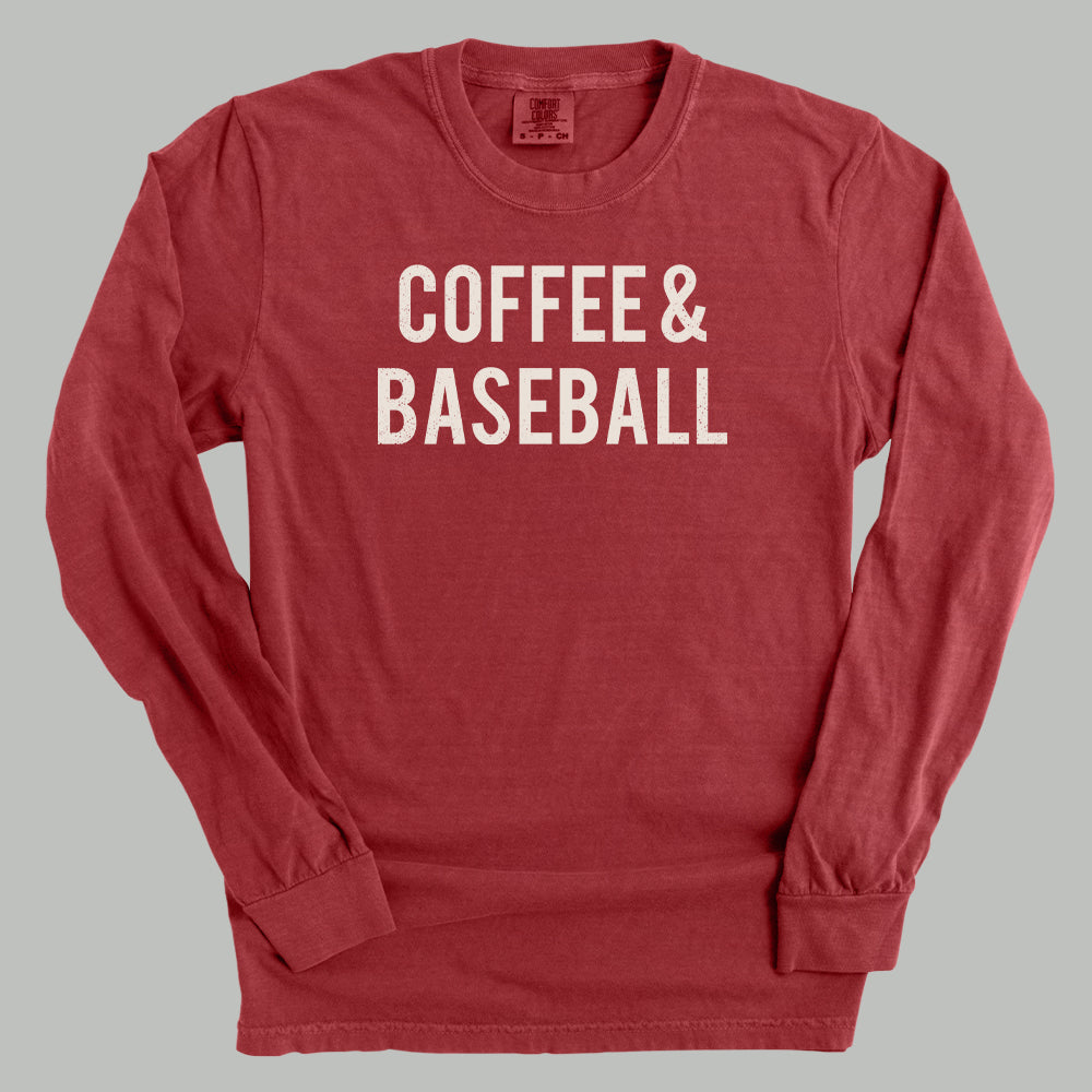 Red long-sleeve shirt with 'COFFEE & BASEBALL' text on a gray background