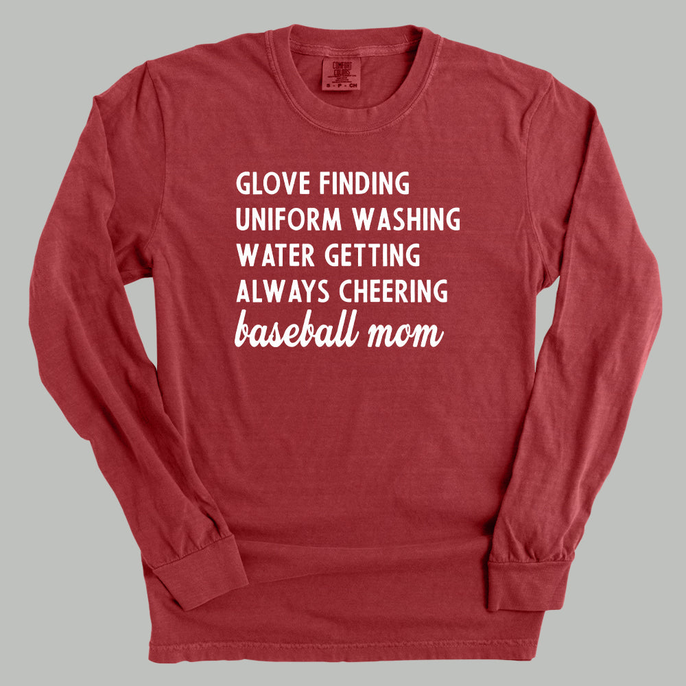 Collection of Red comfort color long-sleeve shirt with white text on a gray background in a gallery layout
