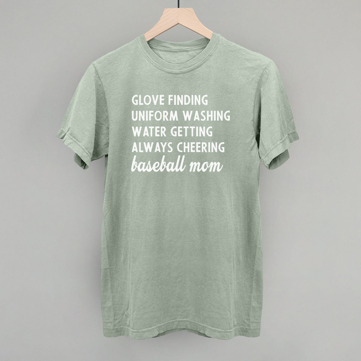 Green comfort color t-shirt with white text on a gray background