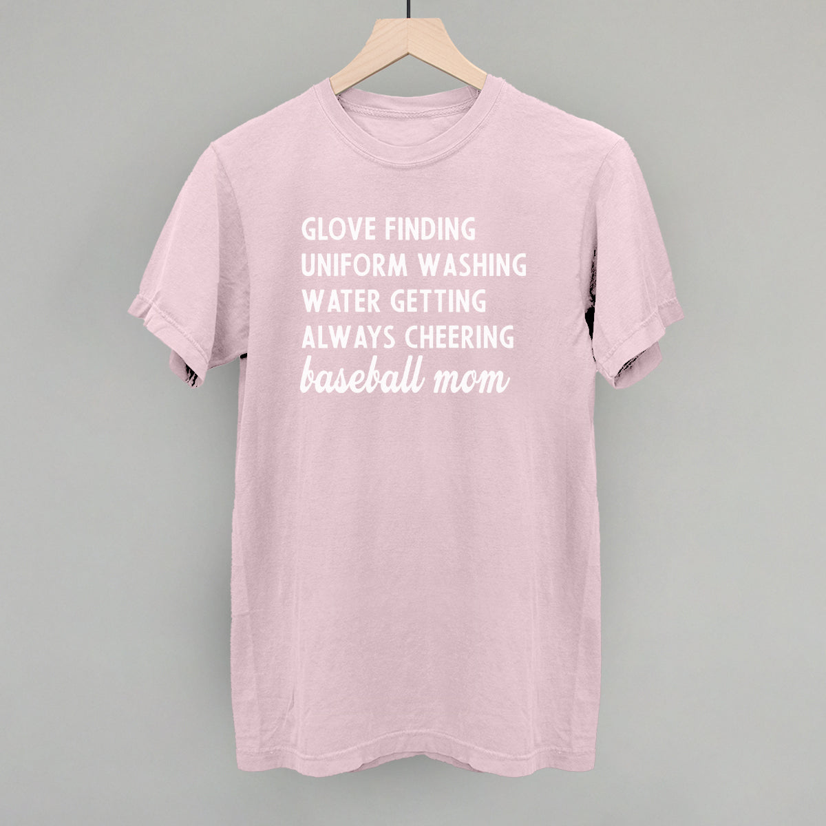 Pink comfort color t-shirt with white text on a gray background