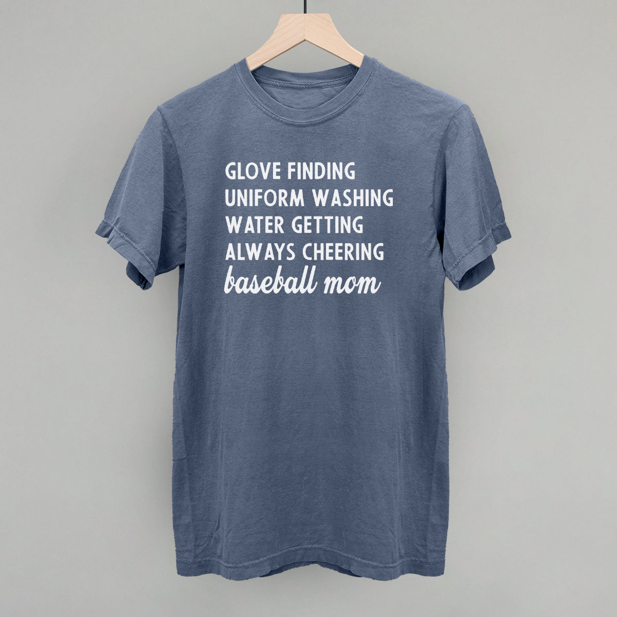 Blue comfort color t-shirt with white text on a gray background