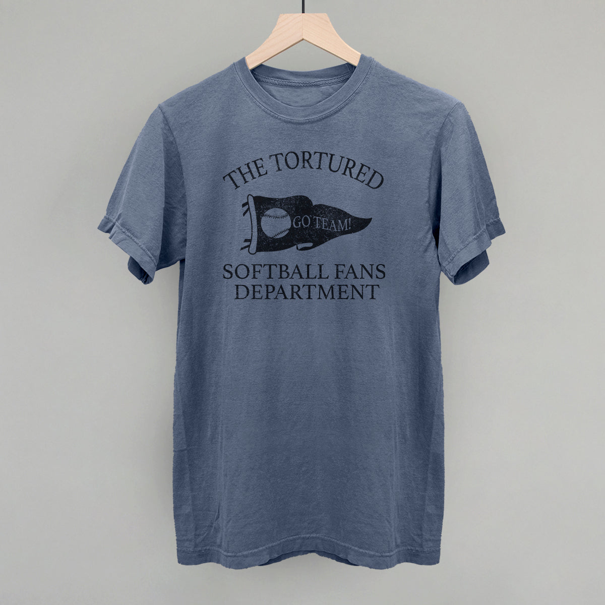 Collection of Blue t-shirt with text that says the tortured Softball fans department  in a gallery layout