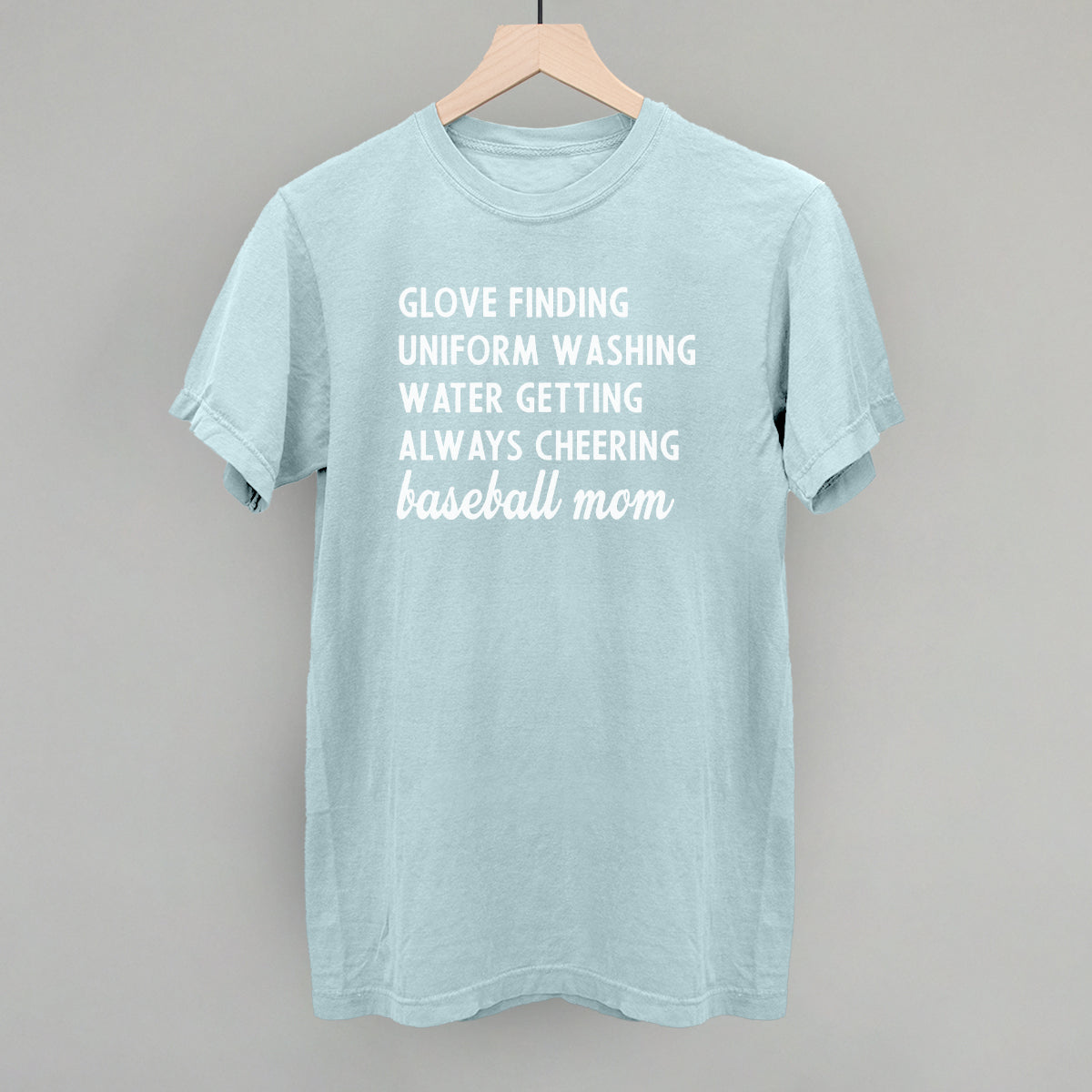 Light blue comfort color t-shirt with white text on a gray background