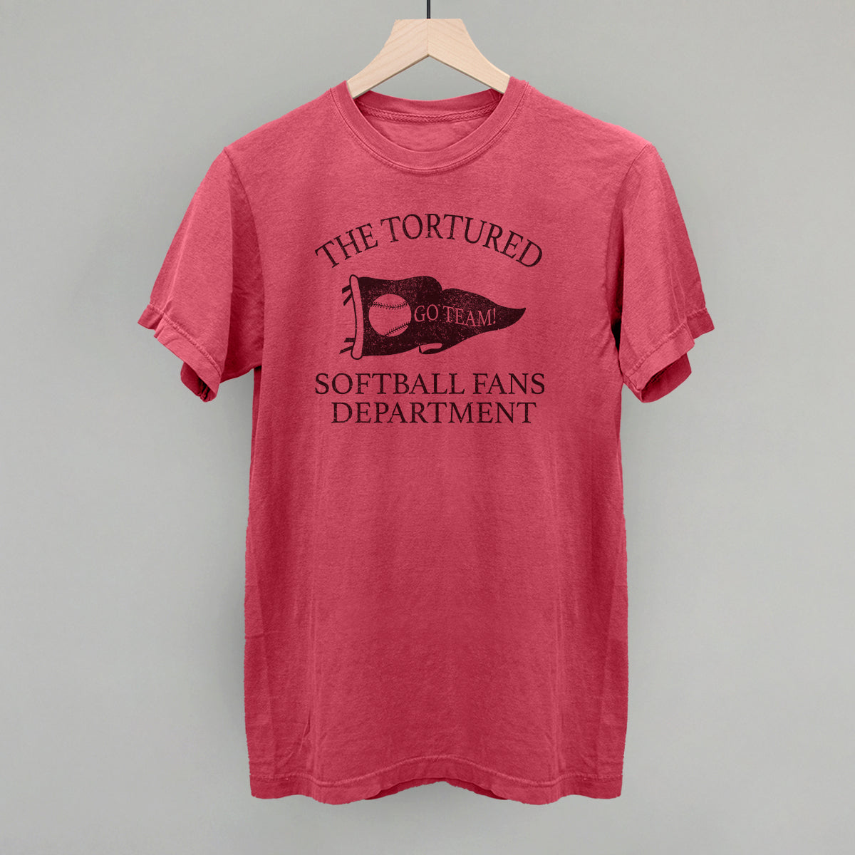 Collection of Red t-shirt with 'The Tortured Softball Fans Department' text on a gray background in a gallery layout