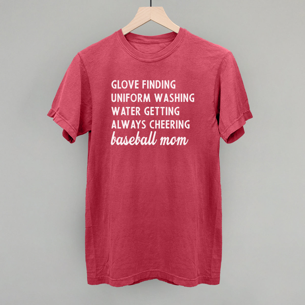 Collection of Red comfort color t-shirt with white text on a gray background in a gallery layout