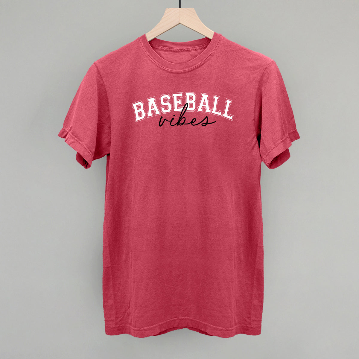 Collection of Red t-shirt with 'BASEBALL vibes' text on a gray background in a gallery layout