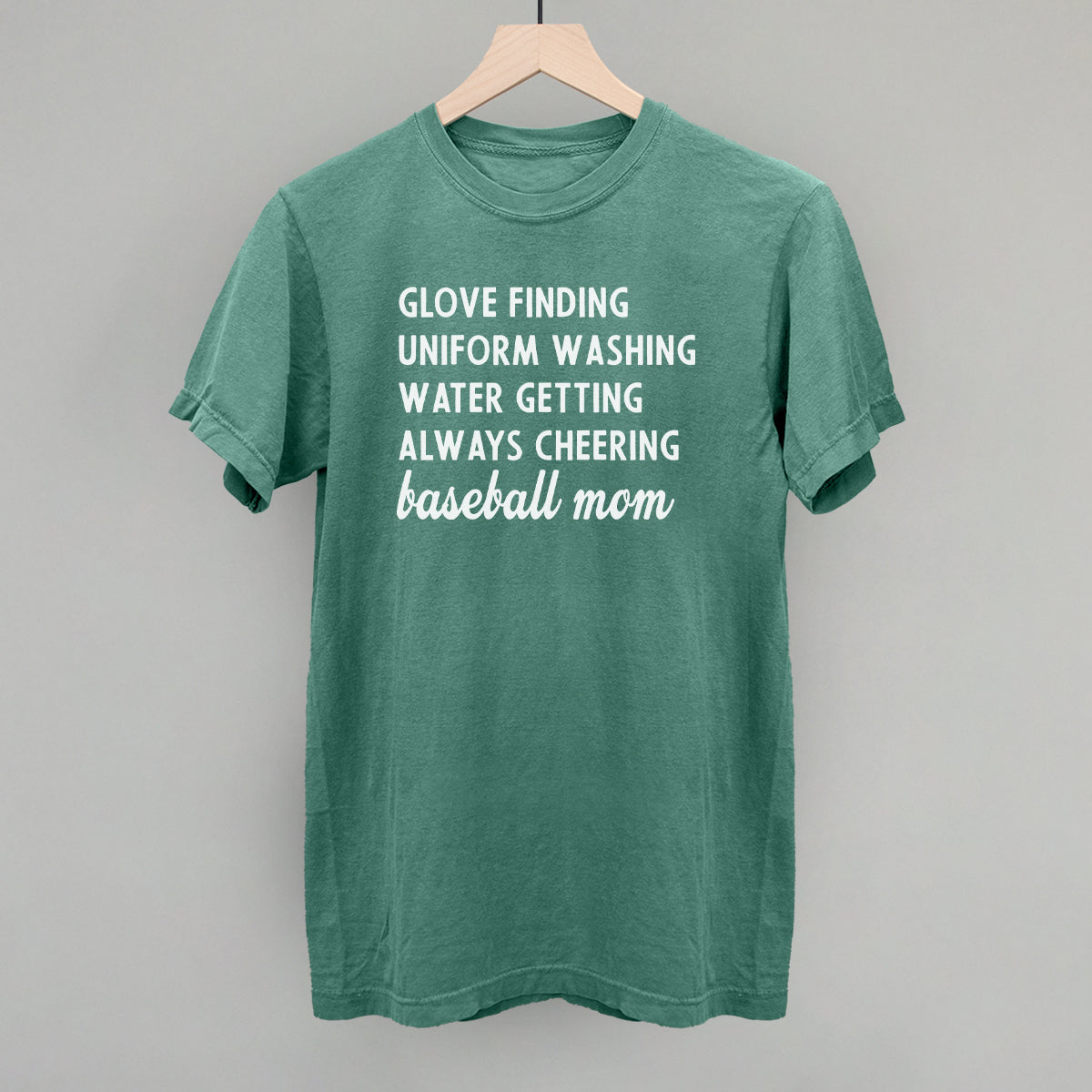 Collection of Green comfort color t-shirt with white text on a gray background in a gallery layout