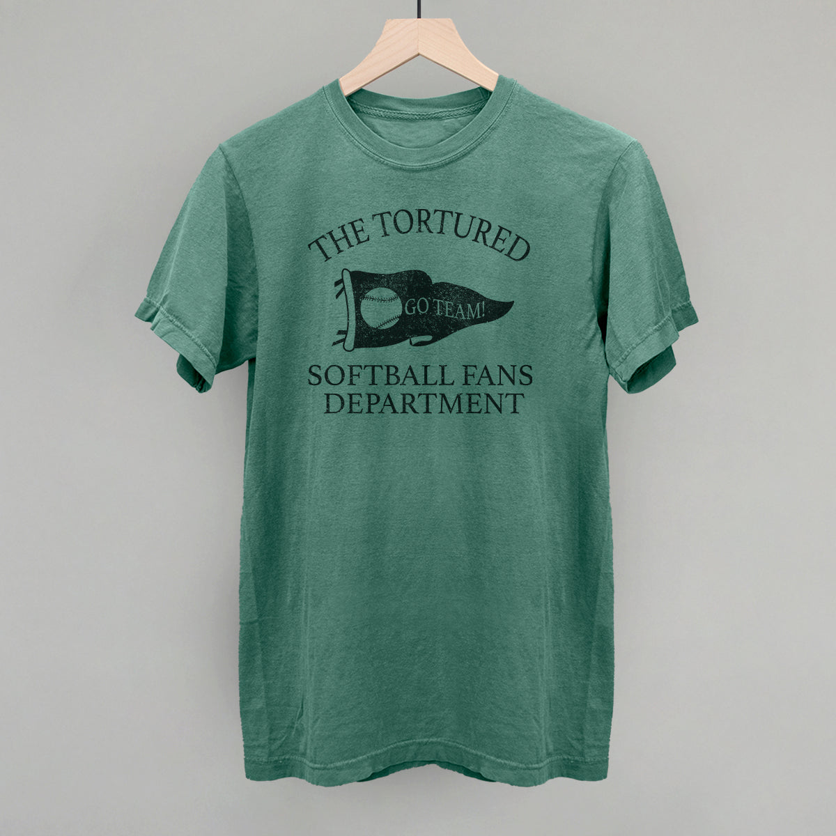 Collection of Green t-shirt with text that says the tortured Softball fans department  in a gallery layout