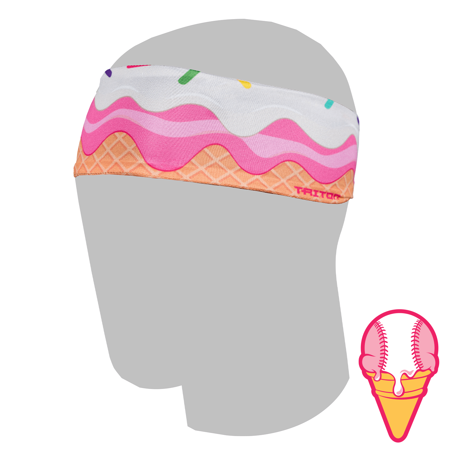 Colorful ice cream drip baseball cone headband on a mannequin head with a small inset illustration of the cap.
