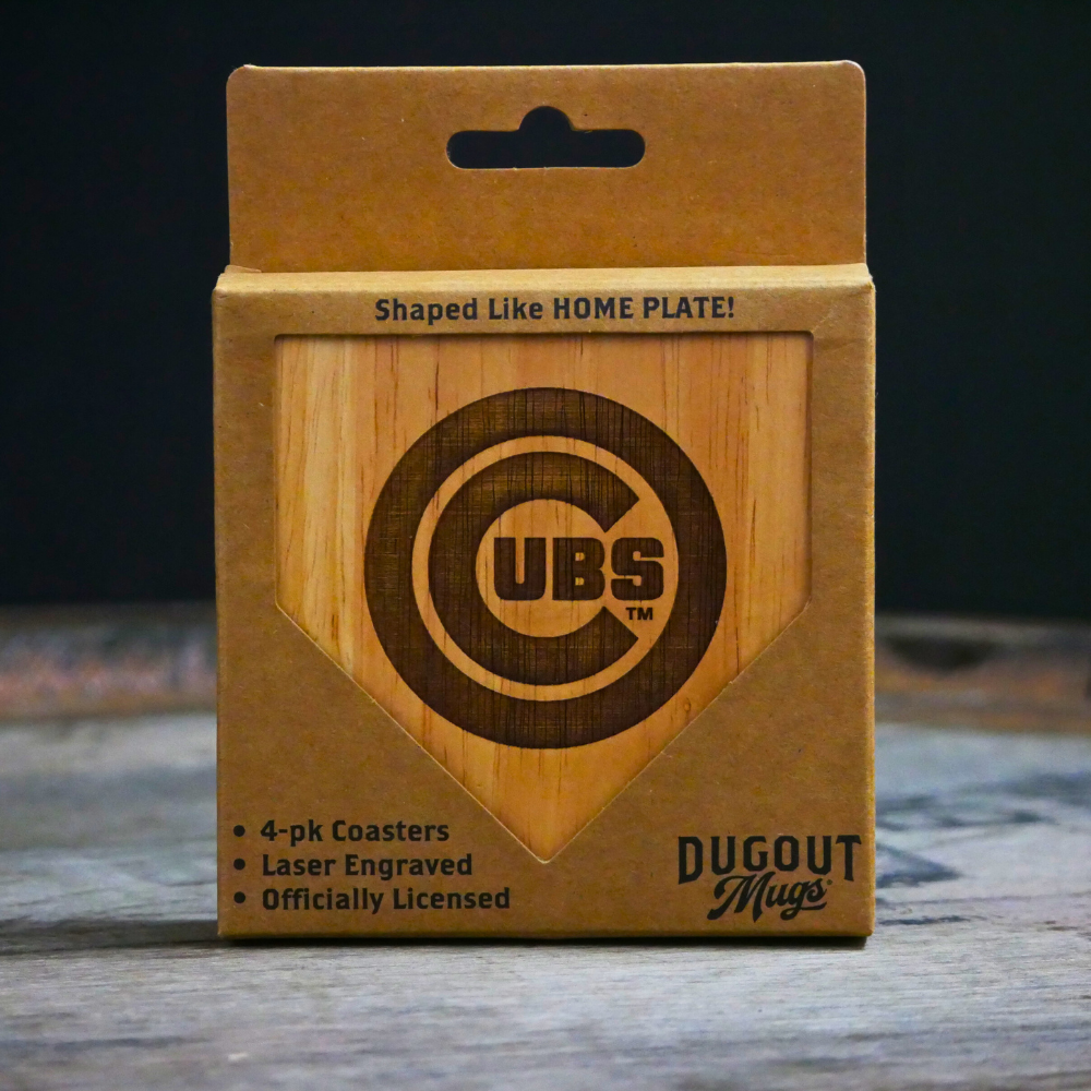 Collection of Packaging of Dugout Mugs coasters with Cubs logo on a wooden surface in a gallery layout
