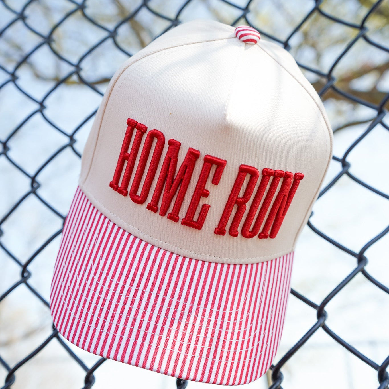 Home Run Hat | Red Striped Bill Baseball Trucker Snapback