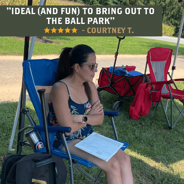 Collection of Woman sitting in a blue folding chair at a park with text overlay in a gallery layout