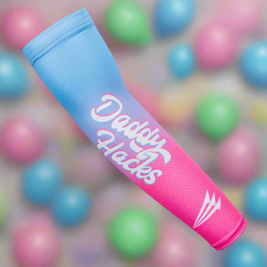 Collection of Pink and blue product with 'Daddy Hack' branding on a colorful ball background in a gallery layout