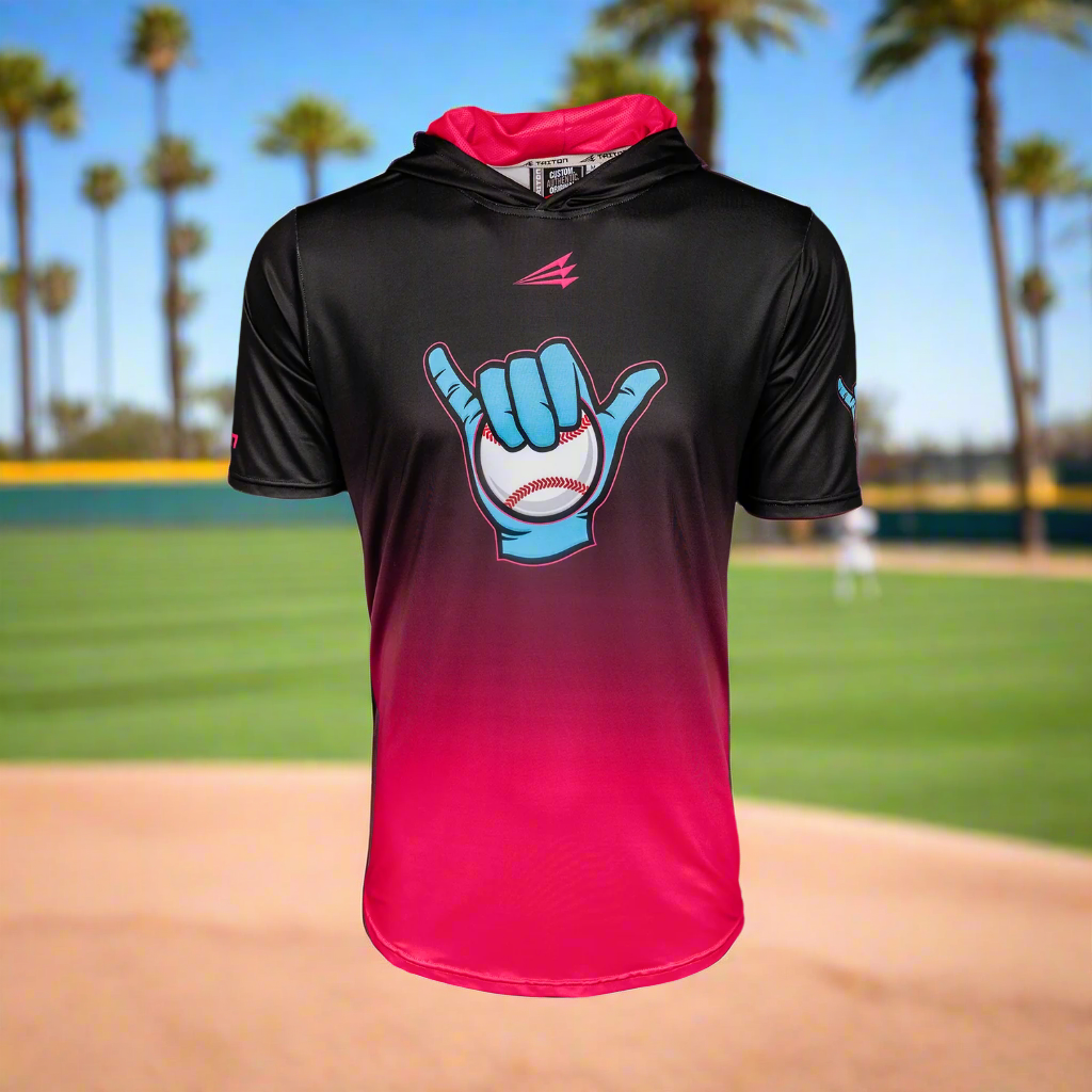 Collection of Black and pink hoodie with a graphic design on a baseball field in a gallery layout