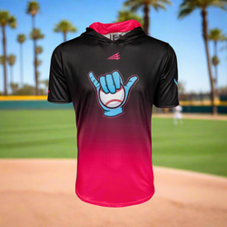Collection of Black and pink hoodie with a graphic design on a baseball field in a gallery layout