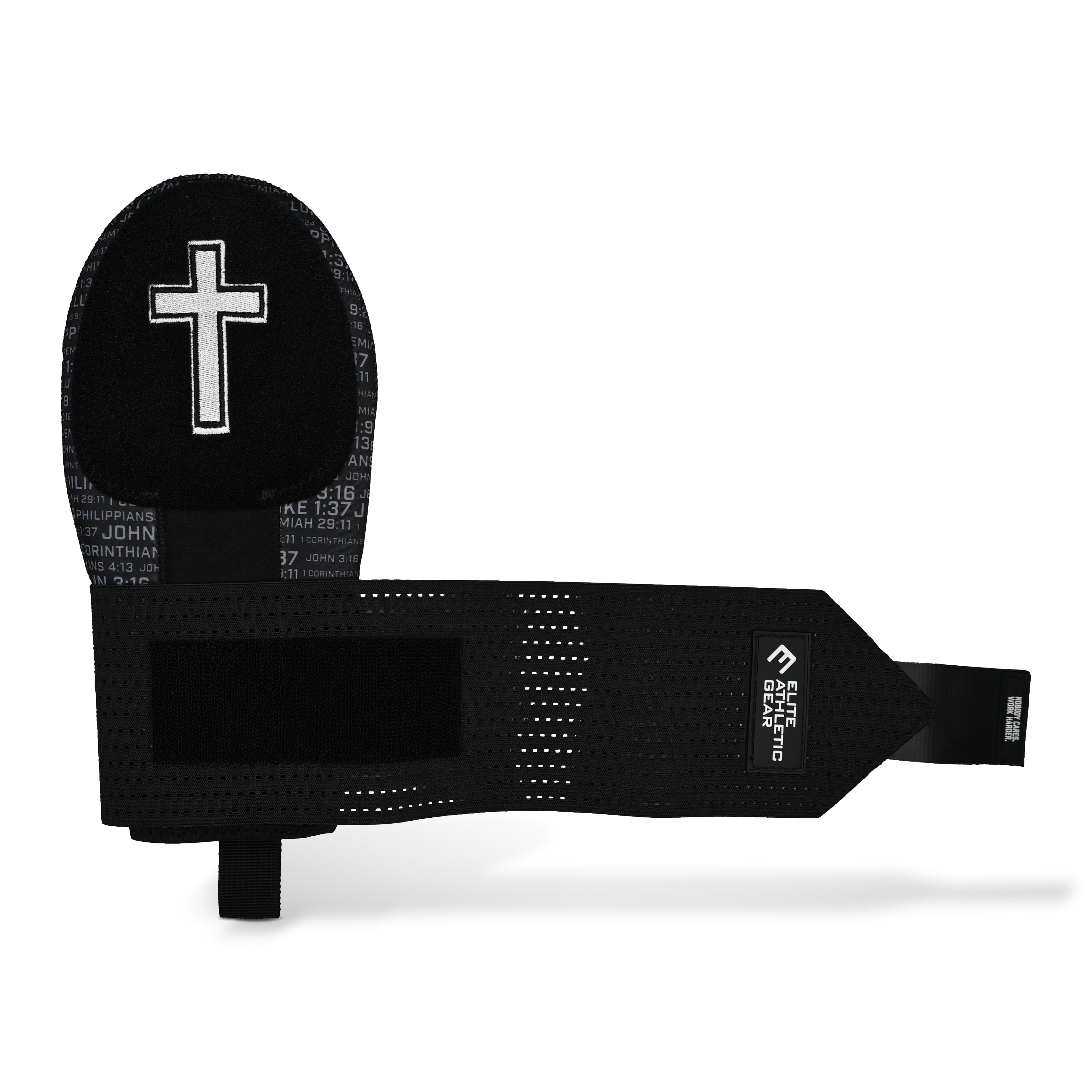 Collection of Black archery bow stand with cross and text on a white background in a gallery layout