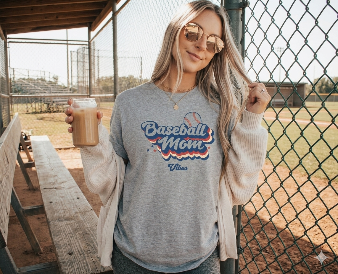 Woman wearing a 'Baseball Mom Vibes' shirt holding a drink outdoors.