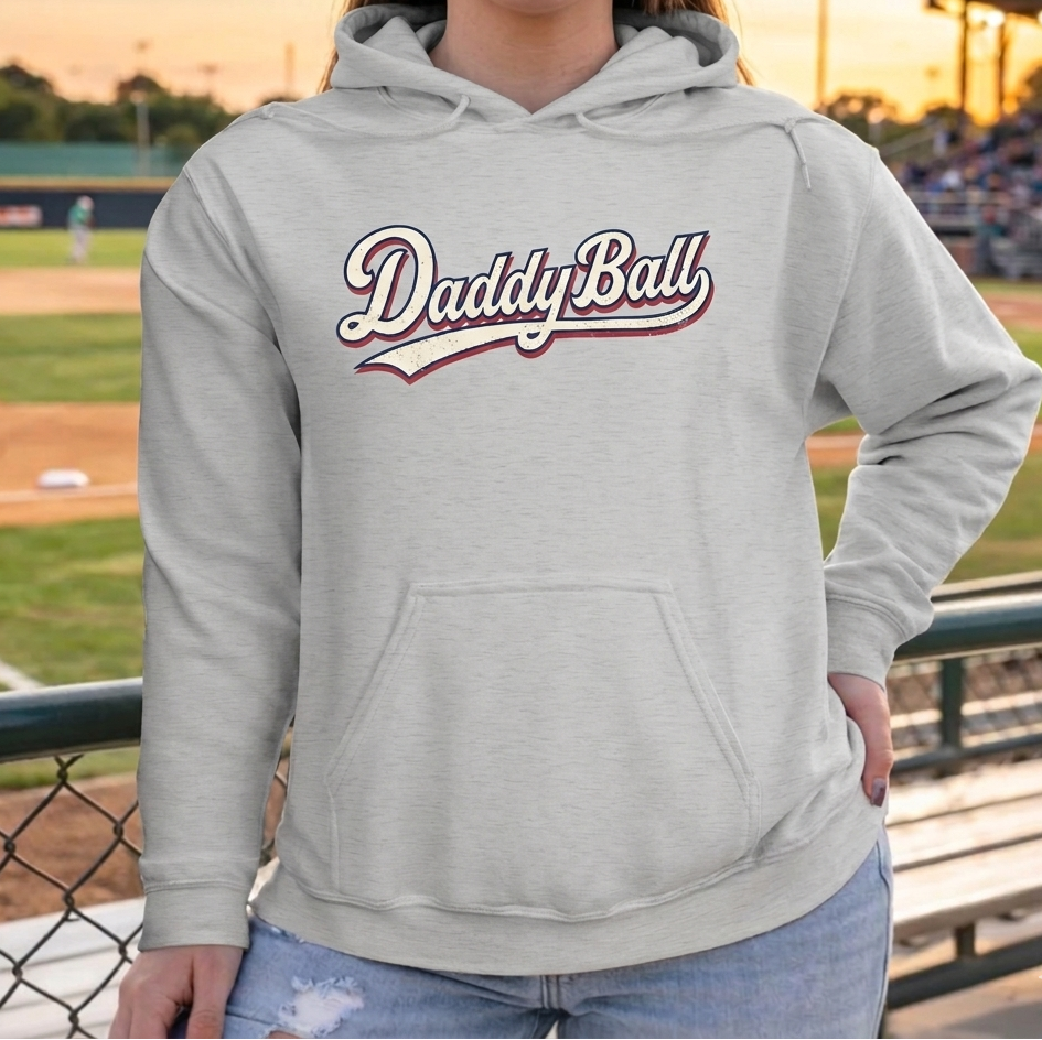 Collection of Person wearing a gray hoodie with 'Daddy Ball' text on a baseball field. in a gallery layout