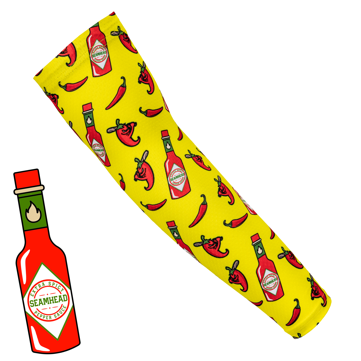 Collection of Yellow sleeve with hot sauce bottle and chili pepper pattern on a white background in a gallery layout