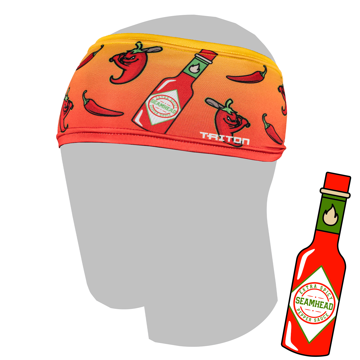 Headband with hot sauce and chili pepper design on a mannequin head, with a separate hot sauce bottle illustration.