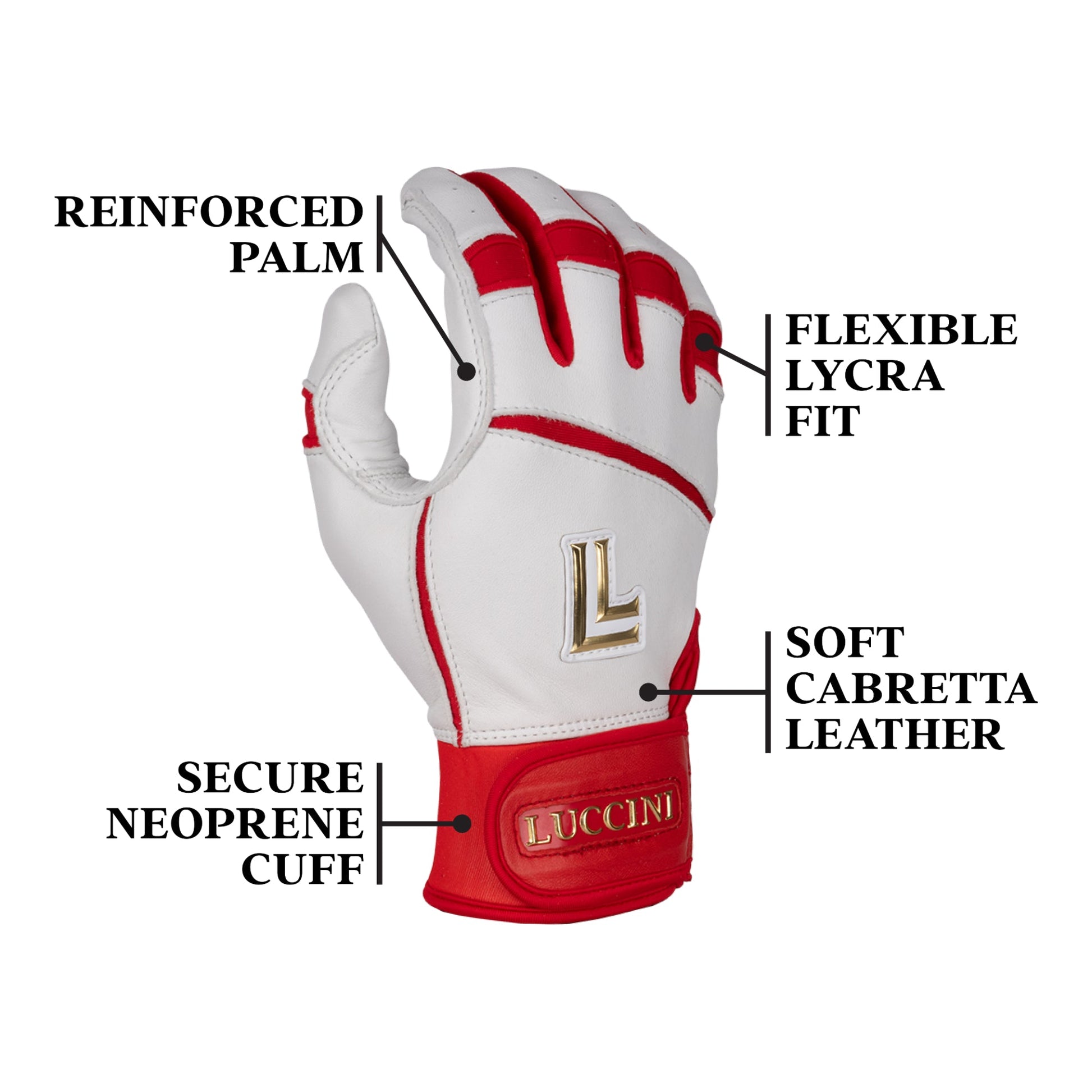 Red and white batting glove with Luccini labeled features on a white background