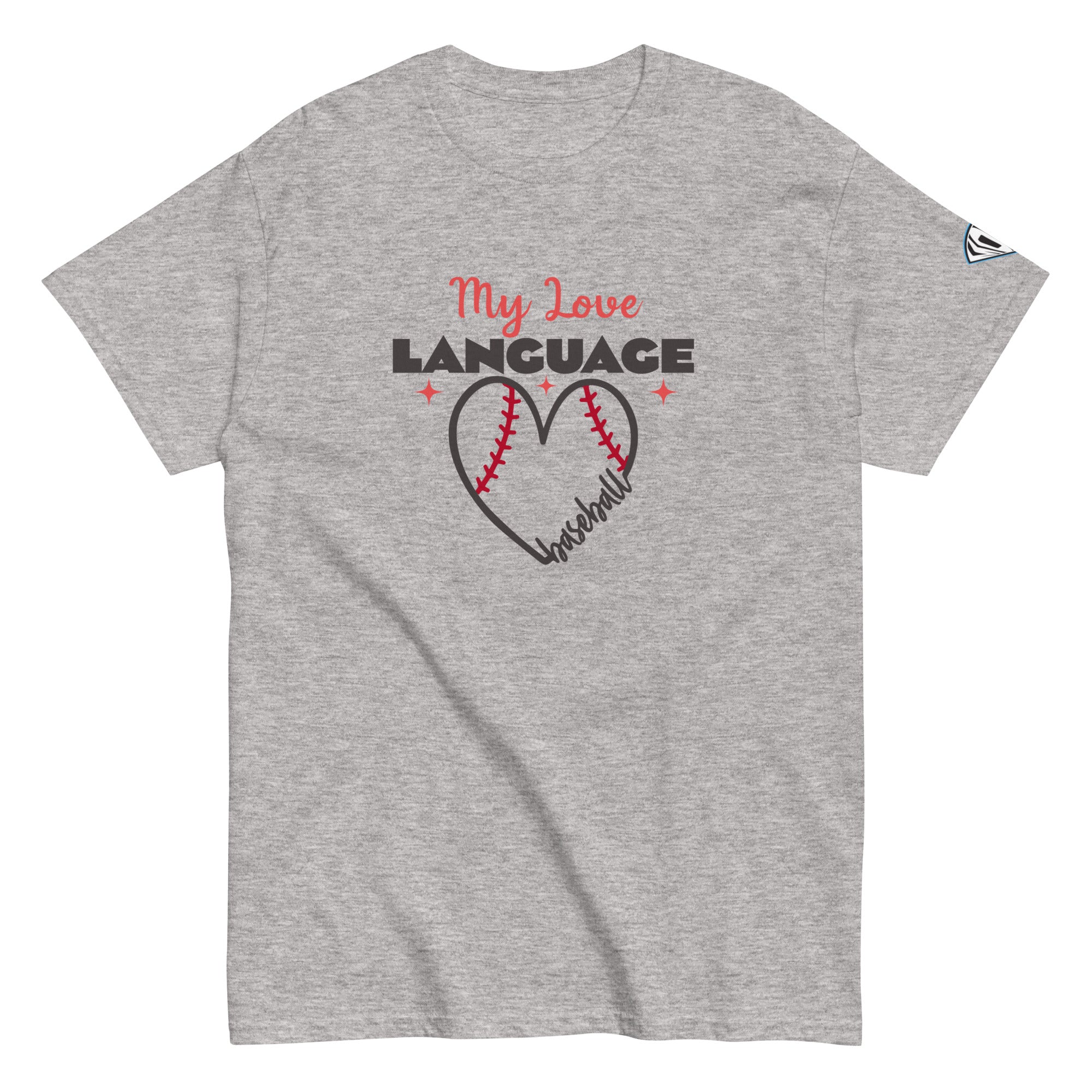 Collection of Gray Heart script baseball mom tee shirt with 'My Love Language' text and heart-shaped baseball stitching design in a gallery layout