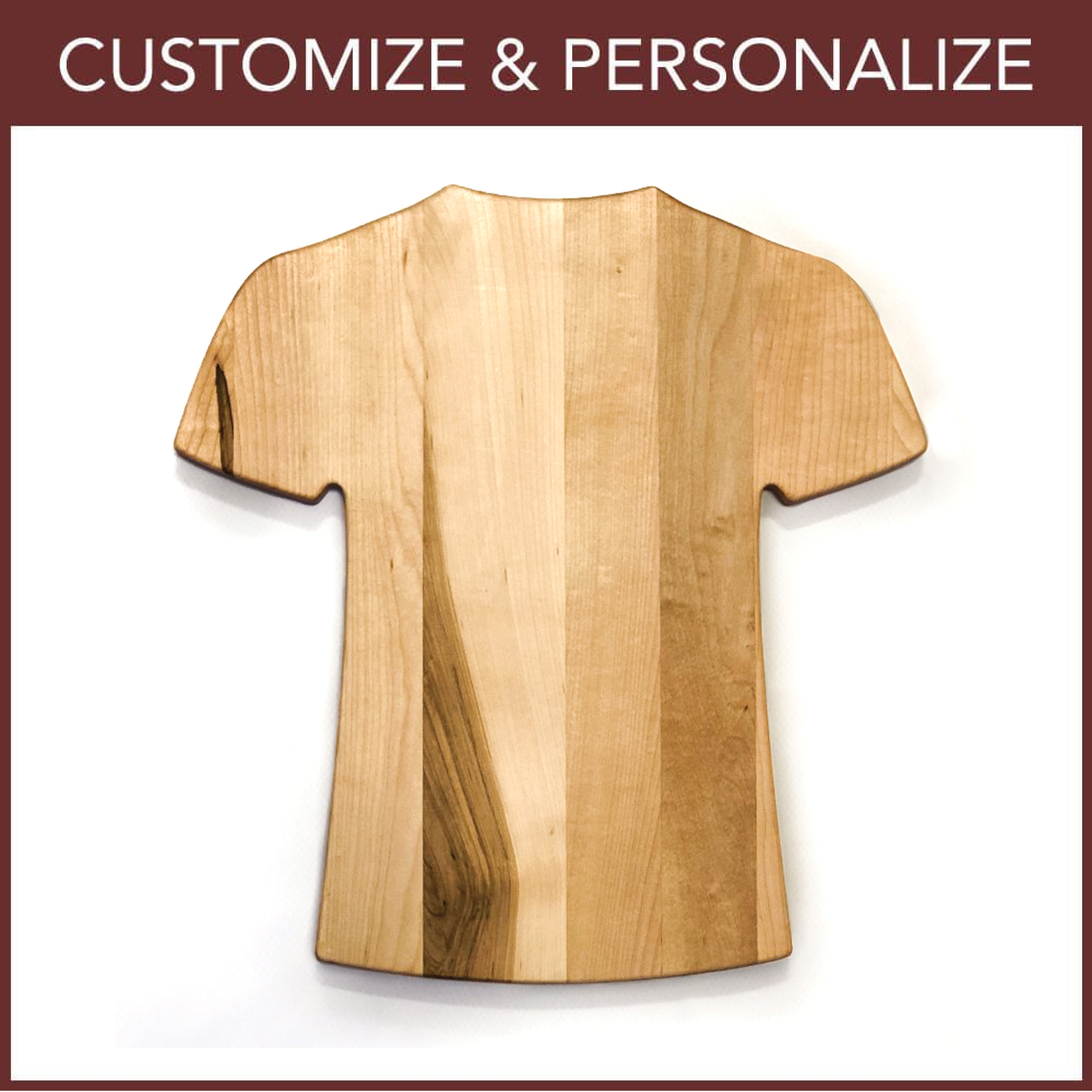 Collection of Wooden t-shirt model with 'Customize & Personalize' text above it on a white background in a gallery layout