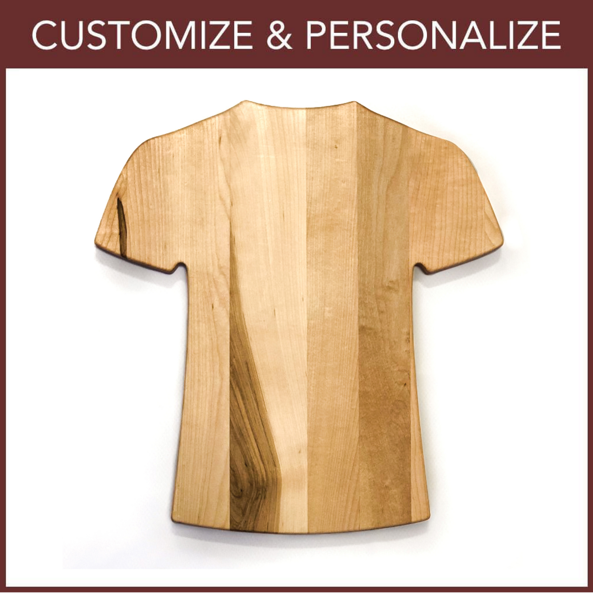 Wooden t-shirt model with 'Customize & Personalize' text above it on a white background