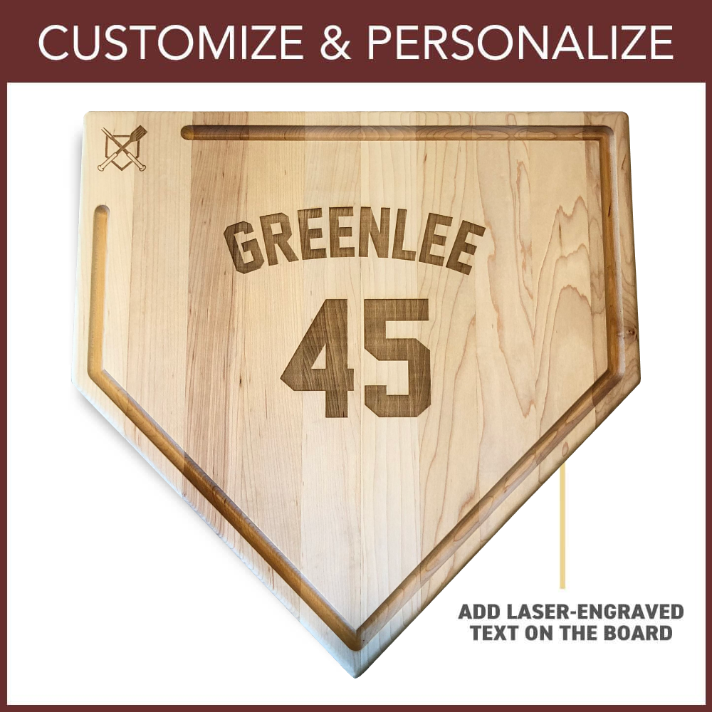 Collection of Wooden home plate-shaped board with 'GREENLEE 45' engraving, customizable text option. in a gallery layout