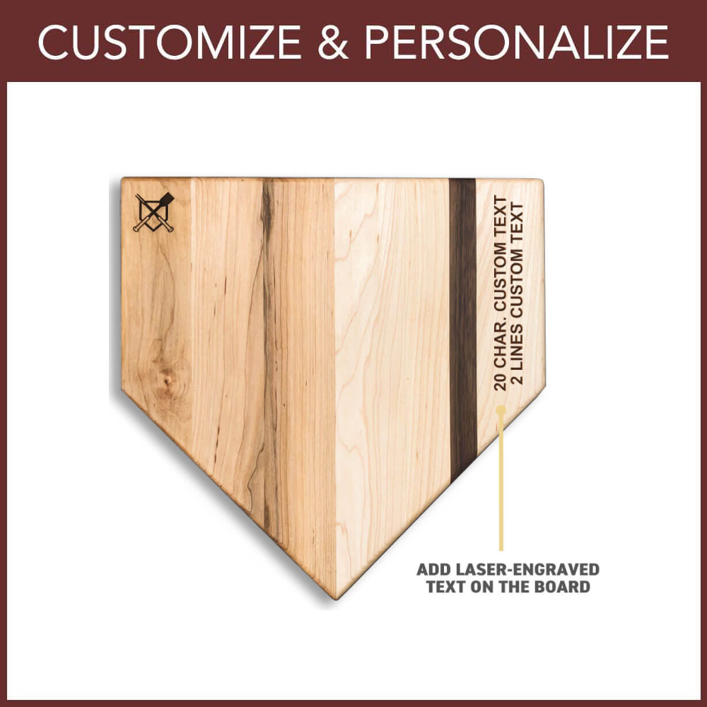 Collection of Wooden home plate-shaped board with text engraving options on a white background in a gallery layout