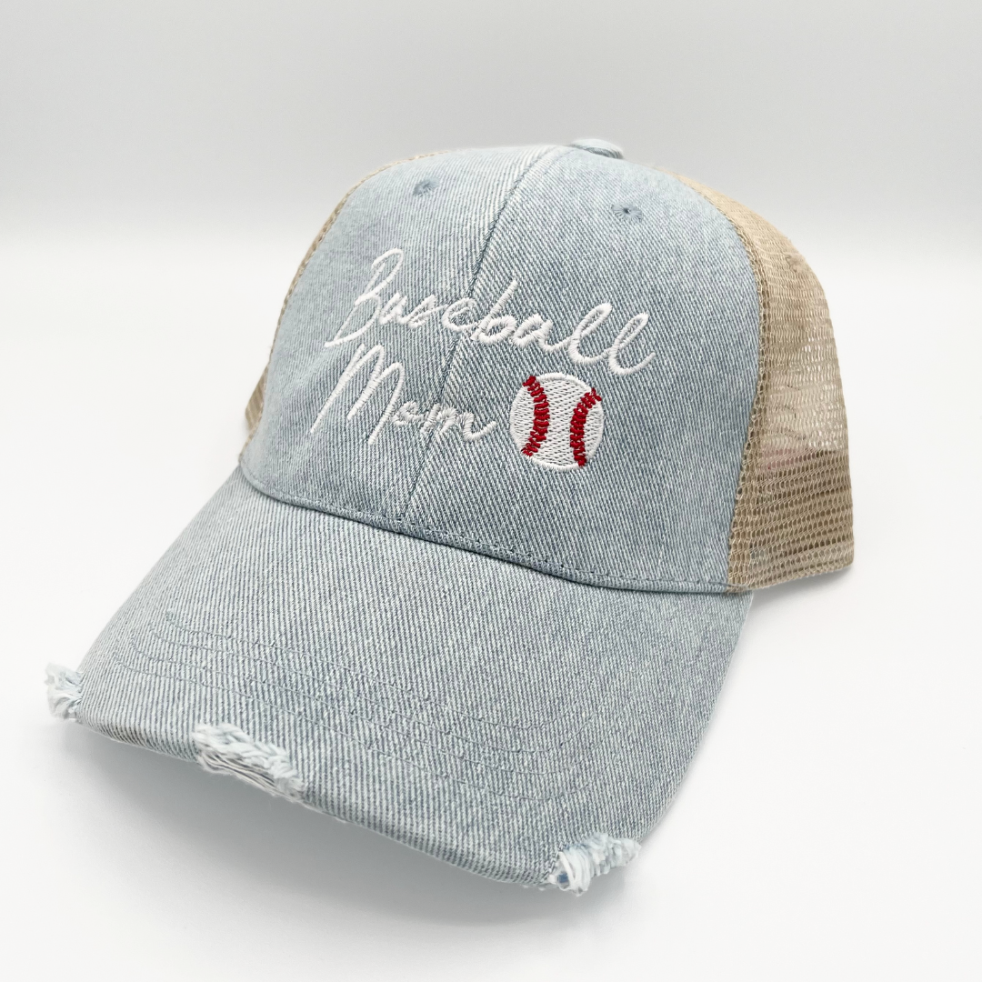 Baseball mom cap with embroidered text and baseball symbol on a light gray background