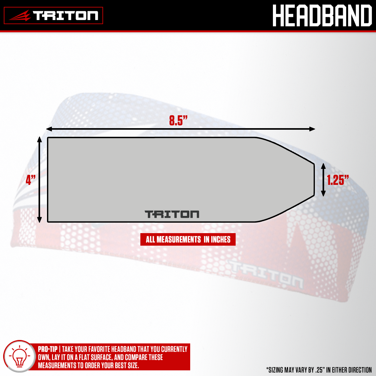 Triton headband with measurements on a white background
