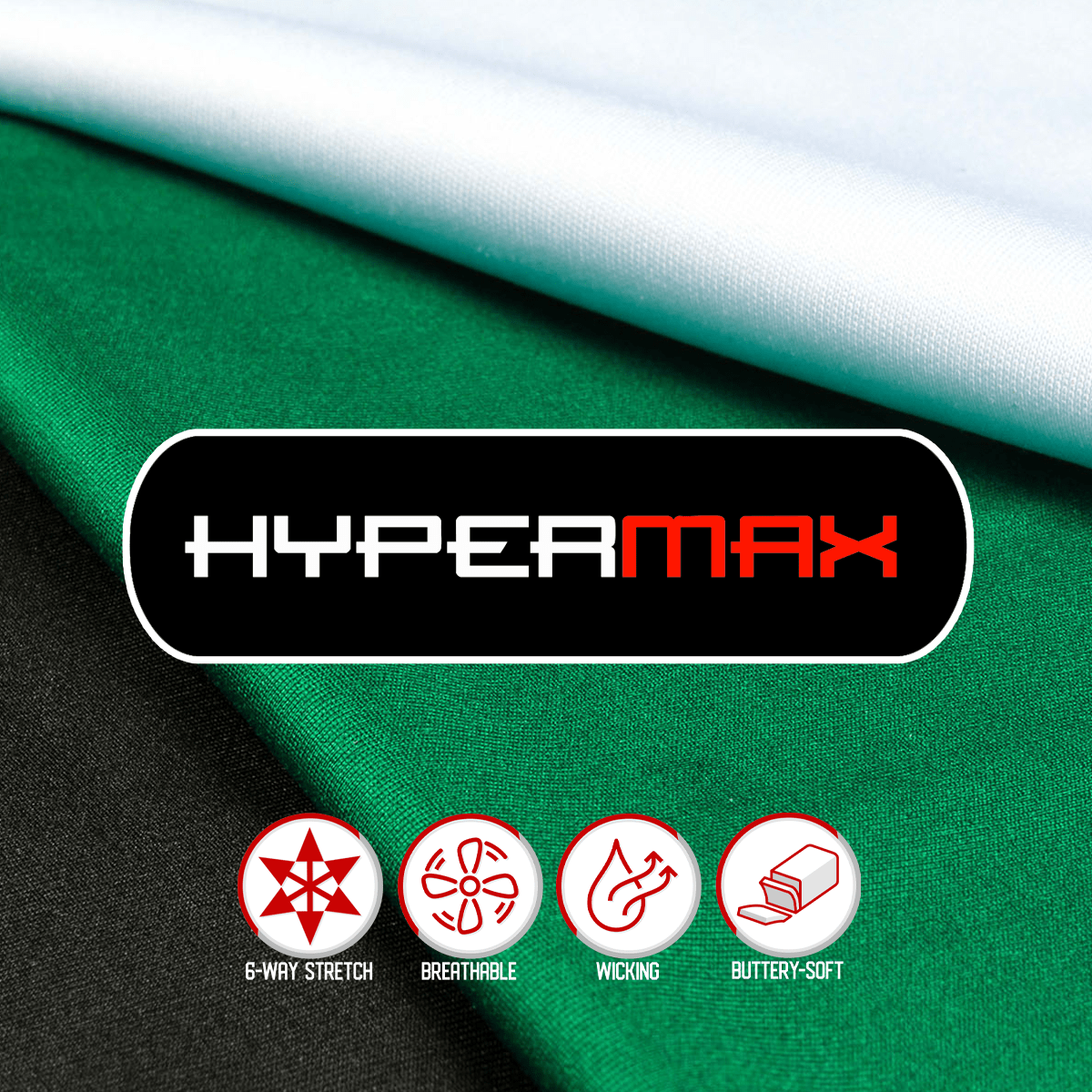 Hypermax fabric with features displayed on a green and white background