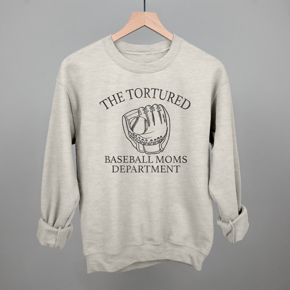 Collection of Gray sweatshirt with 'The Tortured Baseball Moms Department' text and graphic on a gray background in a gallery layout