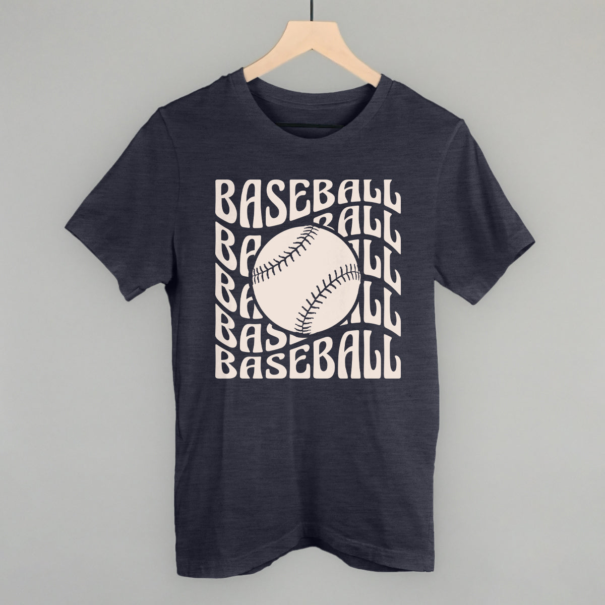 Navy blue t-shirt with 'BASEBALL' text and a baseball graphic on a gray background