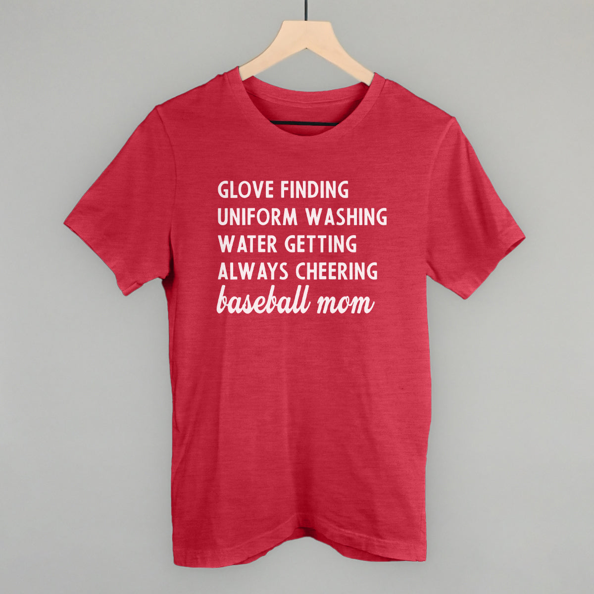 Red comfort color t-shirt with white text on a gray background